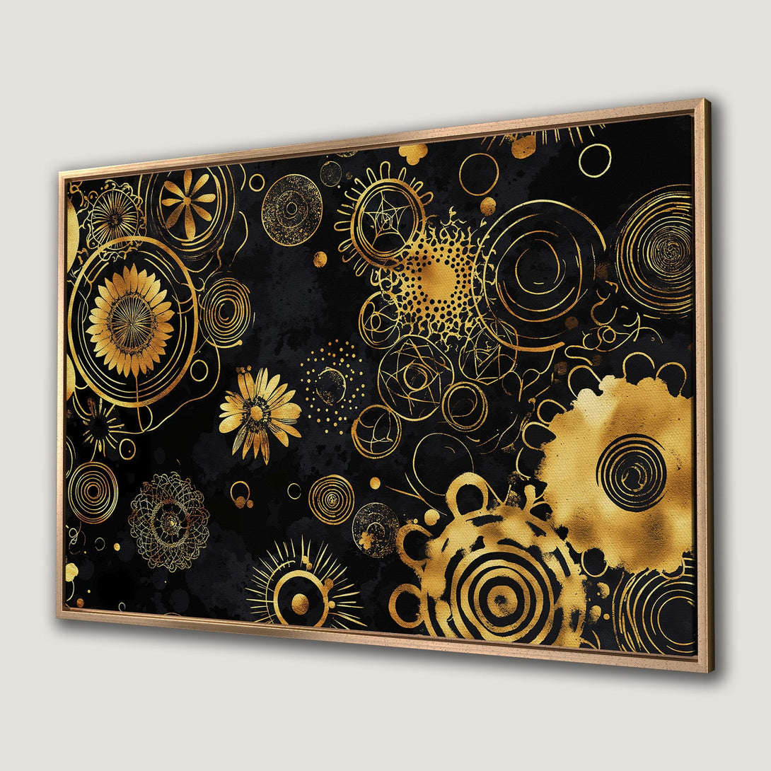 Framed Wall Art featuring abstract gold floral design on a black background. Modern art canvas print with a luxurious, elegant style.