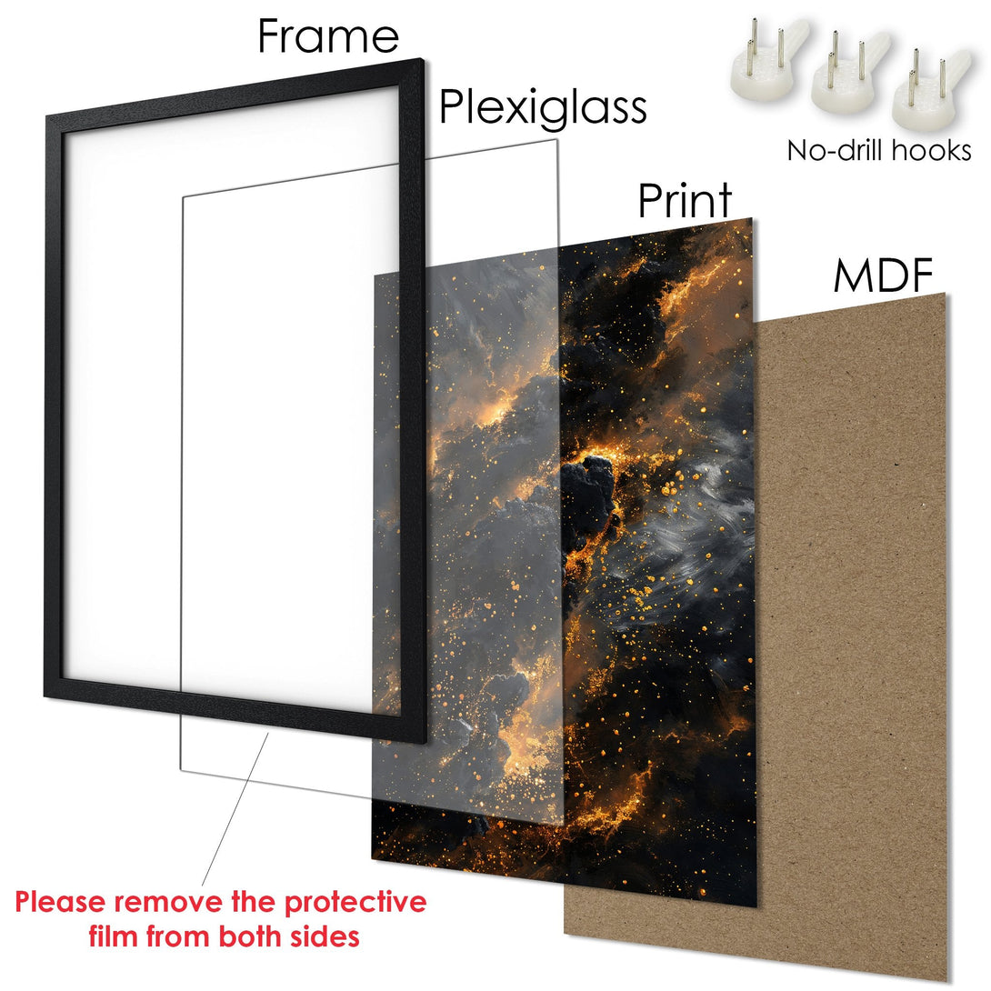 Framed Poster featuring a celestial abstract design with gold and black tones. Perfect wall art for any space!