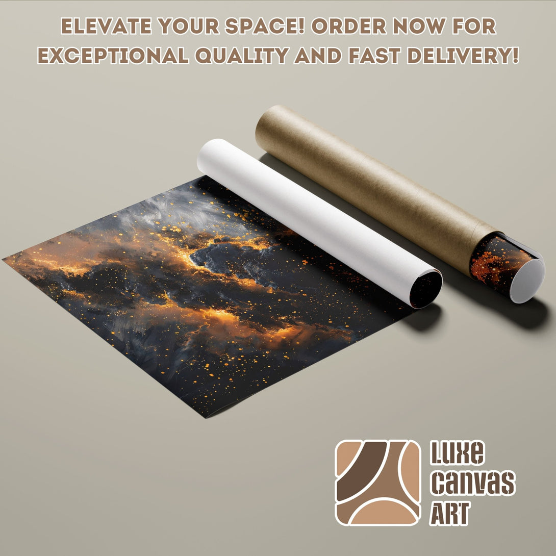 Poster Roll featuring abstract art in dark blues, golds, and blacks. Elevate your space with this stunning art print!
