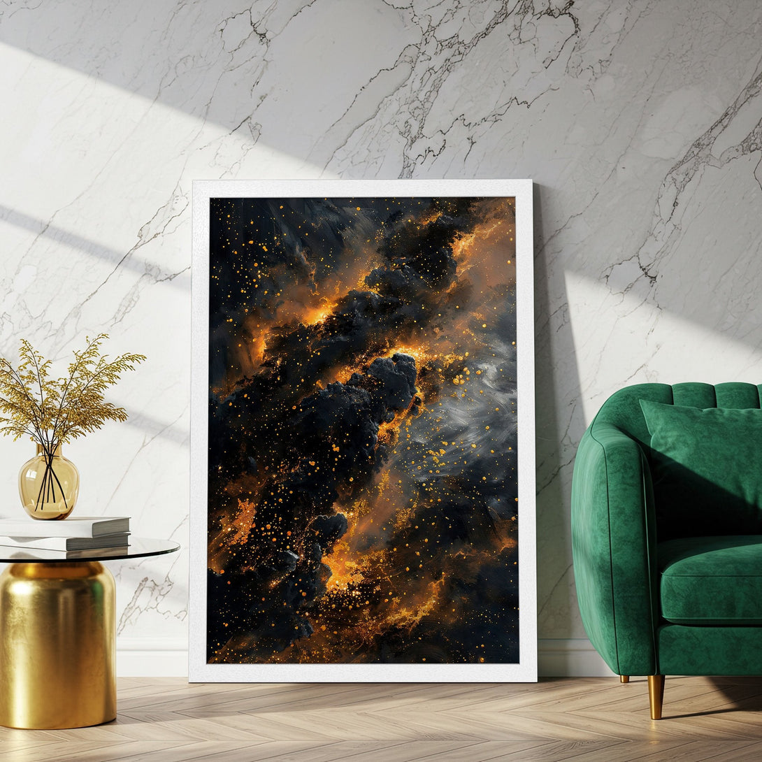 Framed Poster featuring a dark, abstract galaxy design with gold and black hues. Perfect wall art for modern decor.