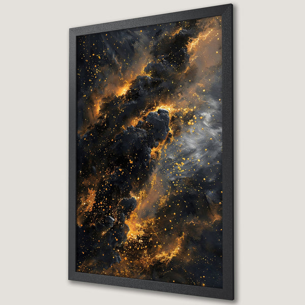 Framed Poster featuring an abstract galaxy design in a dark, moody style with a black and gold color palette. Perfect wall art!