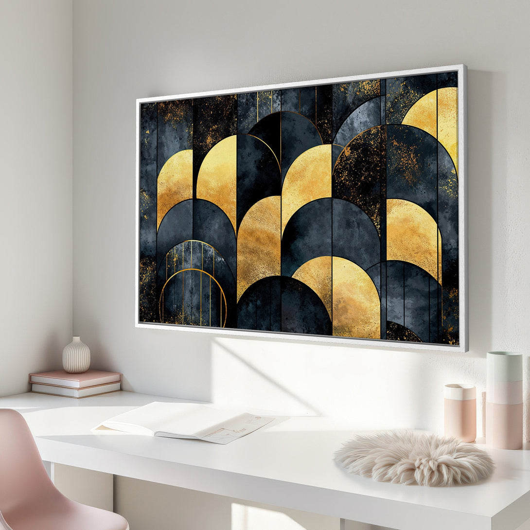 Framed Wall Art featuring an abstract geometric design in gold and navy blue, perfect for modern home decor.