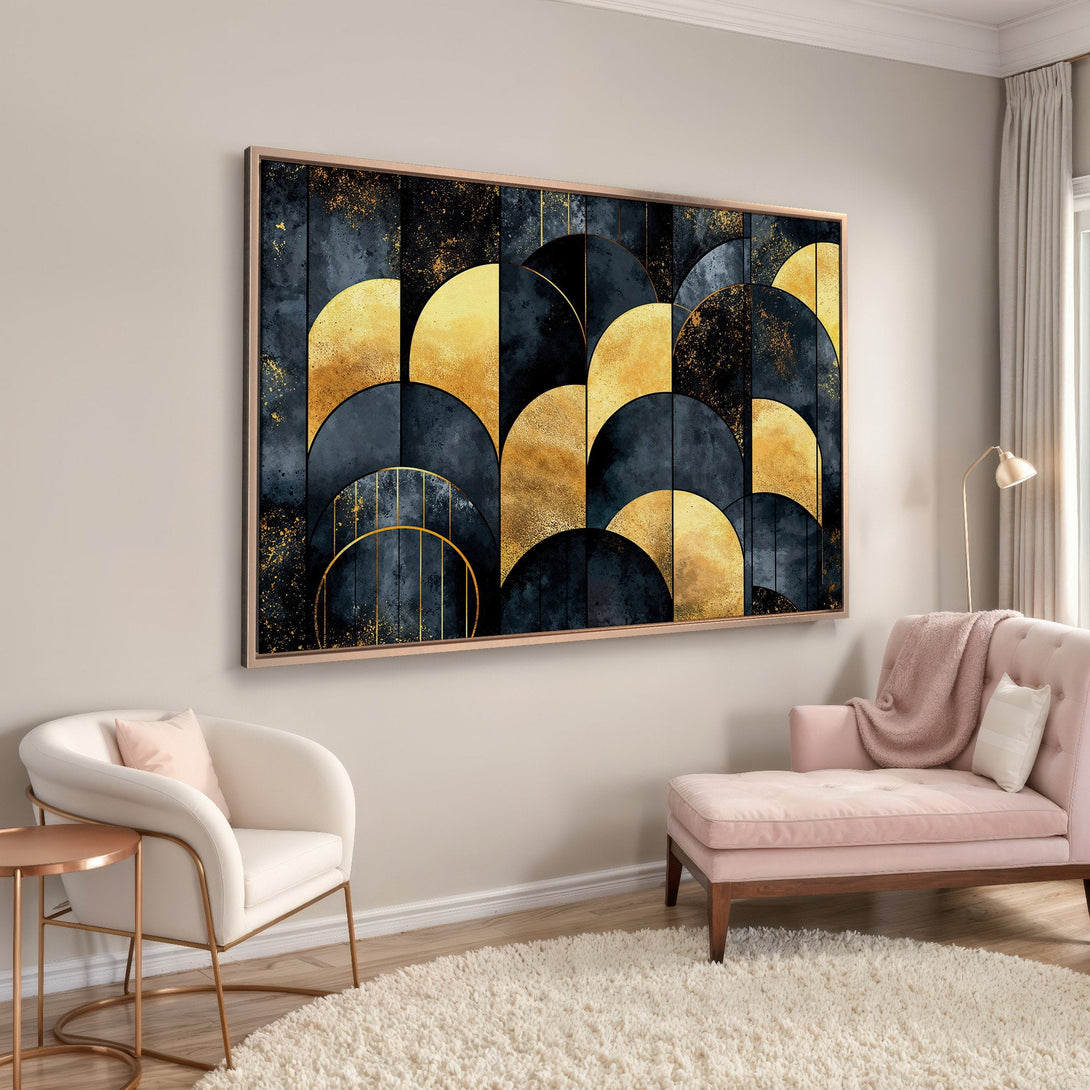 Framed Wall Art: Abstract geometric design in navy, gold, and black. Modern art Canvas Print adds elegance to any interior. Shop now!