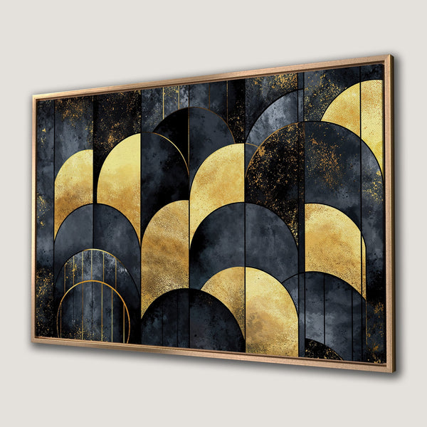 Framed Wall Art: Abstract geometric design in gold and navy blue. Modern canvas print adds a touch of luxury to any space.