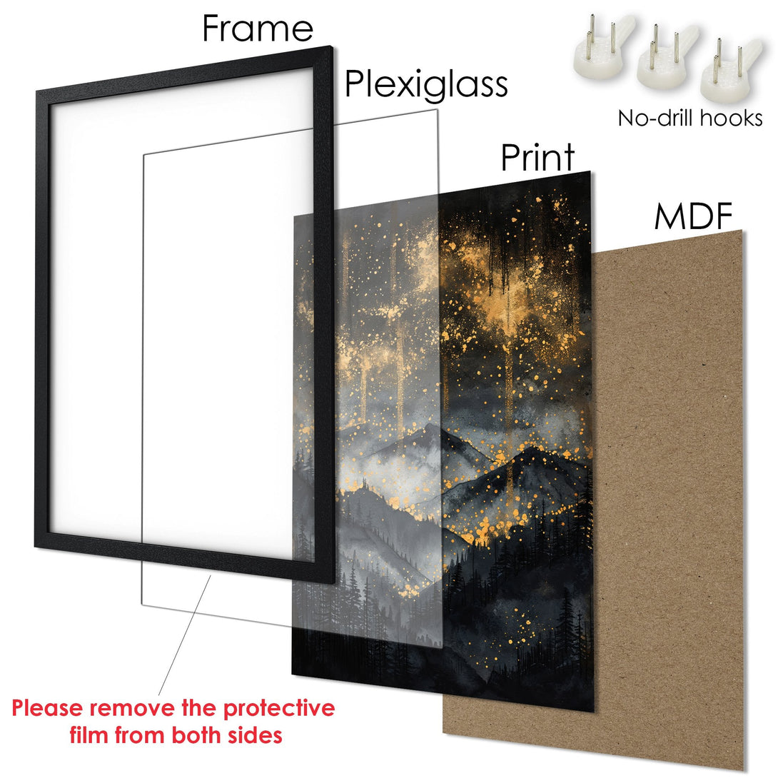 Framed Poster featuring a mountain landscape in a watercolor style with a black, gold, and gray color palette. Perfect wall art!