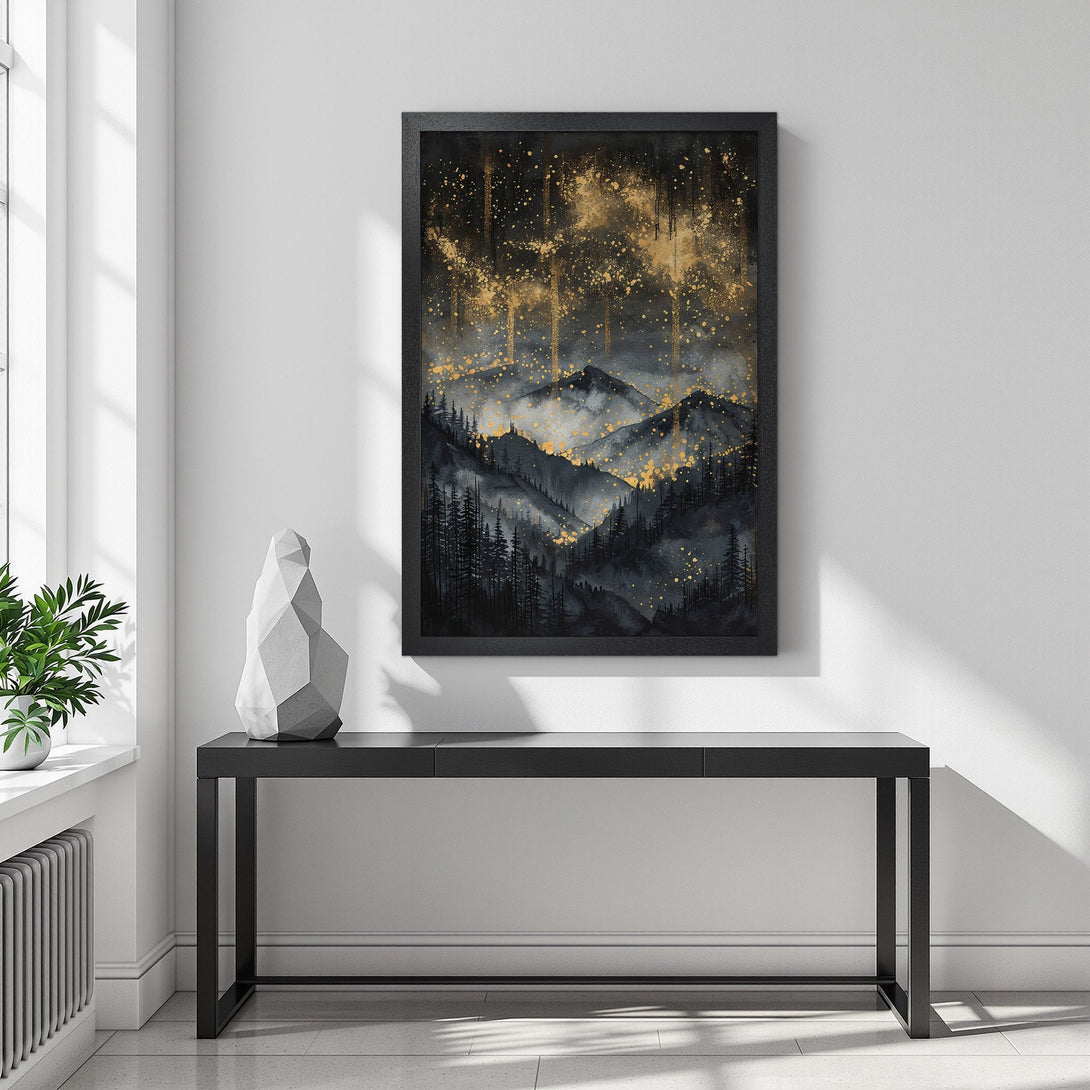 Framed Poster featuring a stunning mountain landscape art print in black, gold, and gray tones. Add a touch of elegance to your home decor!
