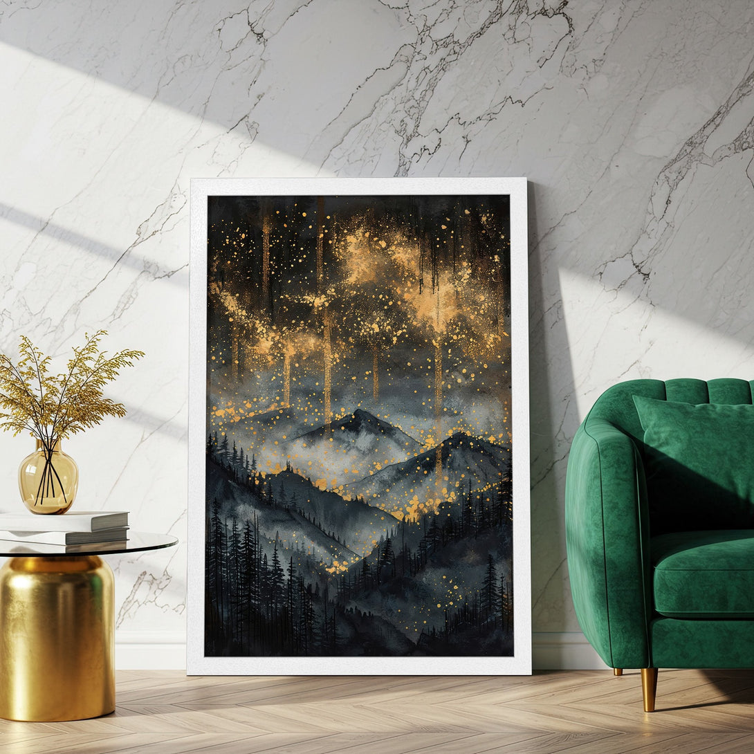 Framed Poster featuring mountain landscape art in black, gold, and gray tones. Enhance your home decor with this stunning poster!