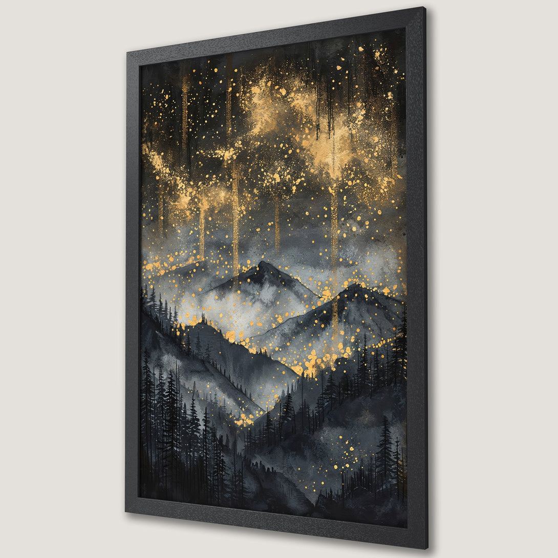 Framed Poster featuring a mountain landscape in a watercolor style with a dark, moody color palette of black, gray, and gold. Perfect wall art!