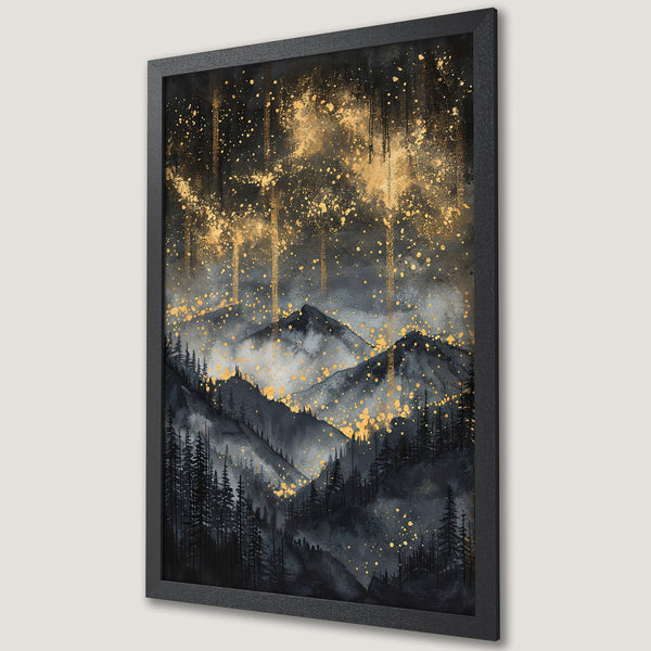 Framed Poster featuring a mountain landscape in a watercolor style with a dark, moody color palette of black, gray, and gold. Perfect wall art!