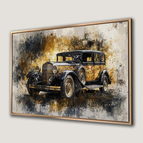Framed Wall Art: Vintage car painting in gold, black, and grey. Abstract style canvas print for classic decor.