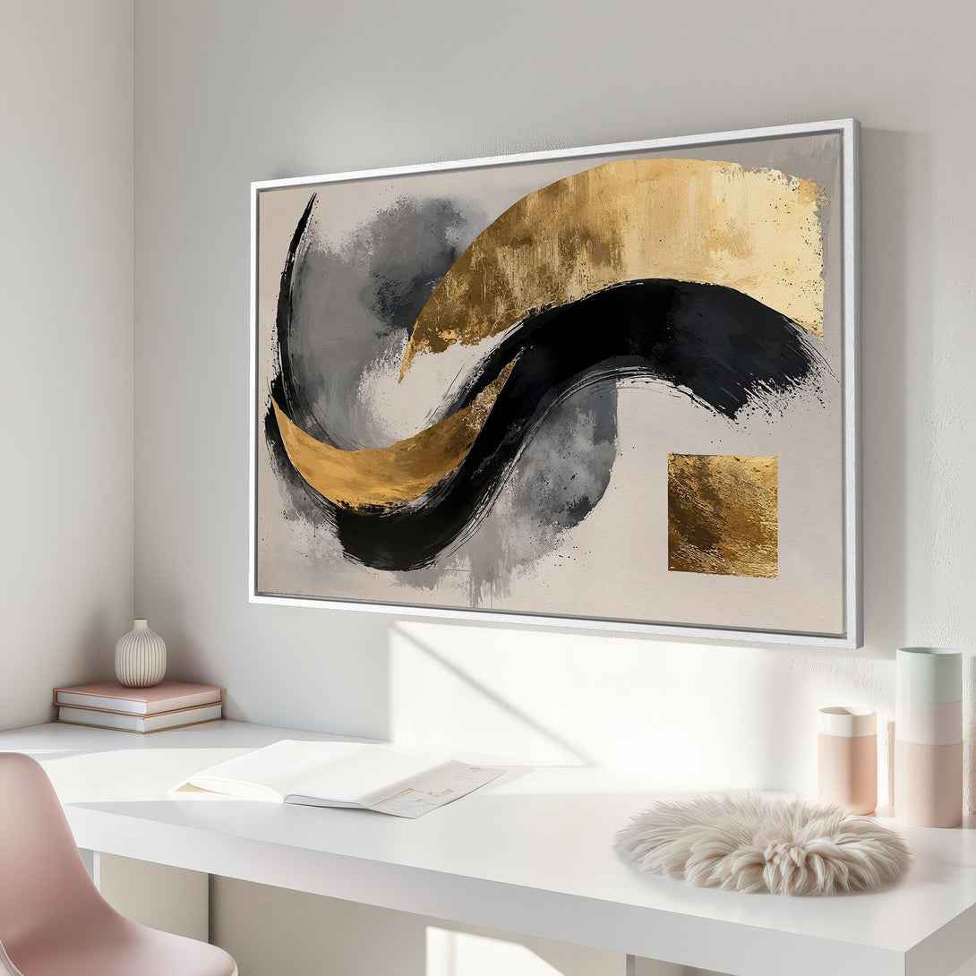 Framed Wall Art: Abstract gold, black, and gray brushstroke Canvas Print. Modern art for a stylish home.