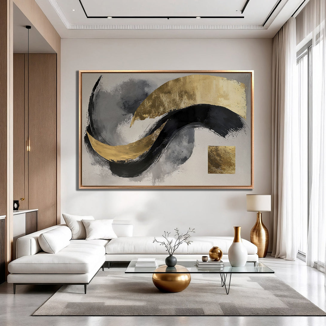 Framed Wall Art: Abstract gold, black & gray brushstroke design. Modern canvas print adds a touch of luxury to any living room.