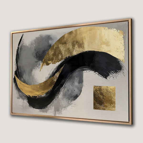 Framed Wall Art: Abstract gold, black, and gray brushstroke art on canvas. Modern, elegant decor with a neutral color palette for any interior.