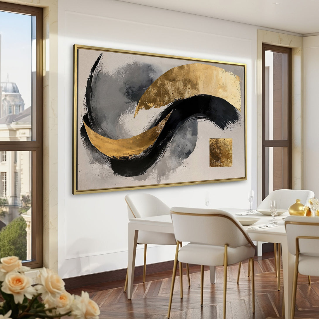 Abstract Canvas Print with gold, black, and gray brushstrokes. Modern art for home decor. Luxurious interior design with a green wall.