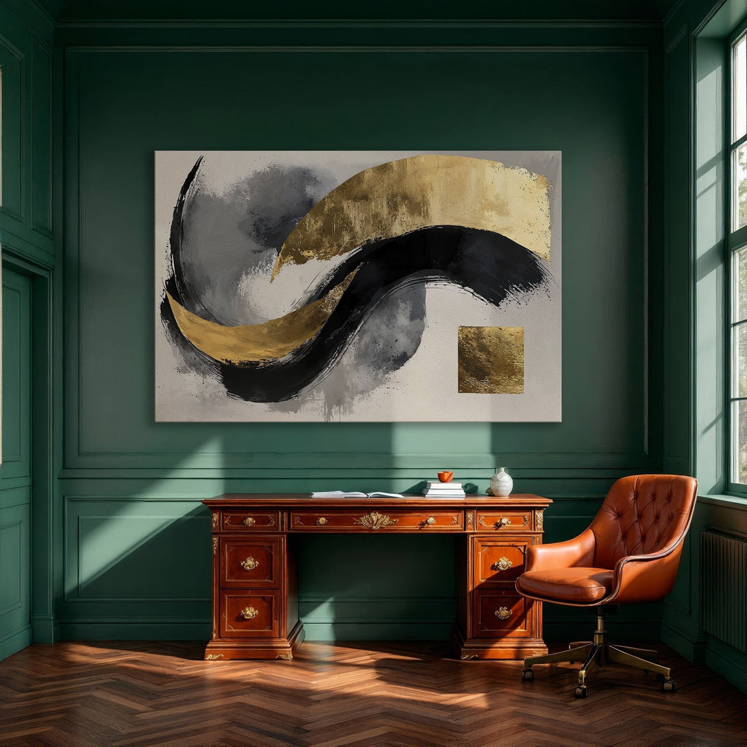 Framed Wall Art: Abstract gold, black, and gray brushstrokes on a canvas print. Modern art for dining room decor.