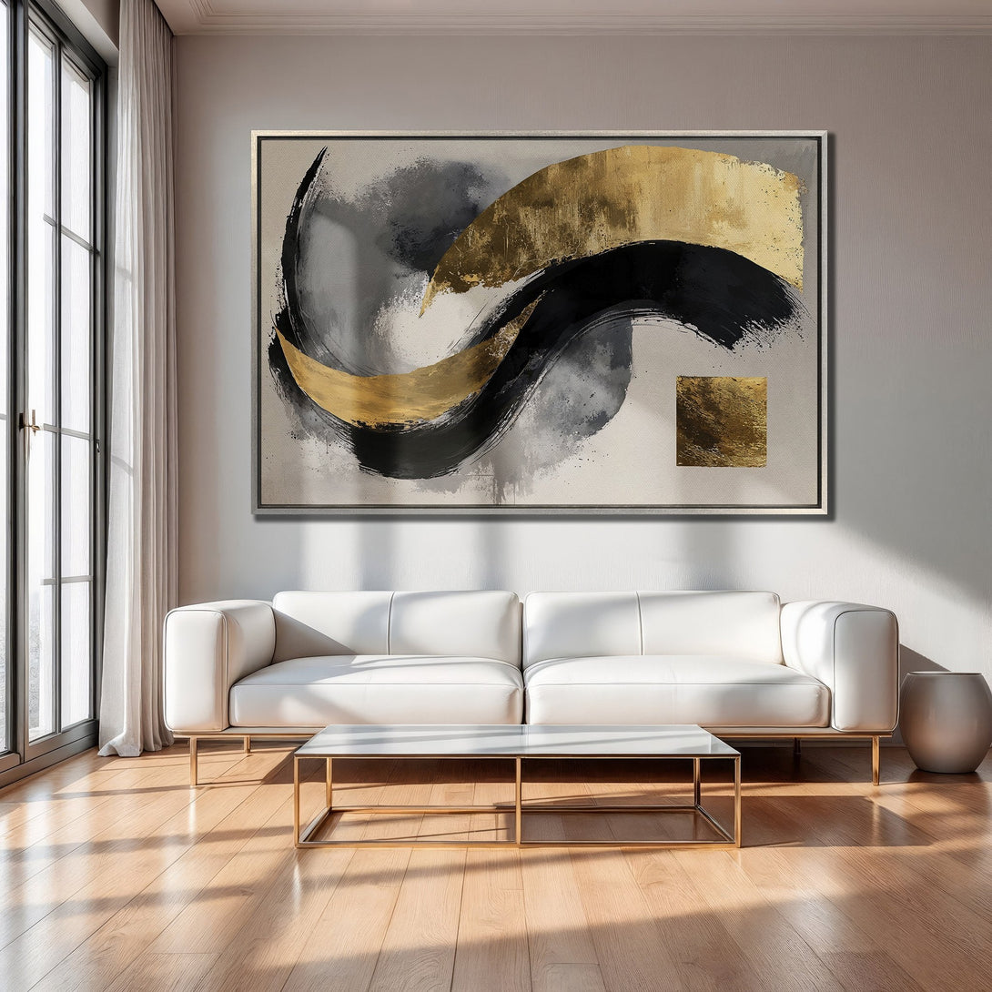 Framed Wall Art: Abstract gold, black, and gray brushstroke design. Modern art canvas print for a sophisticated living room.