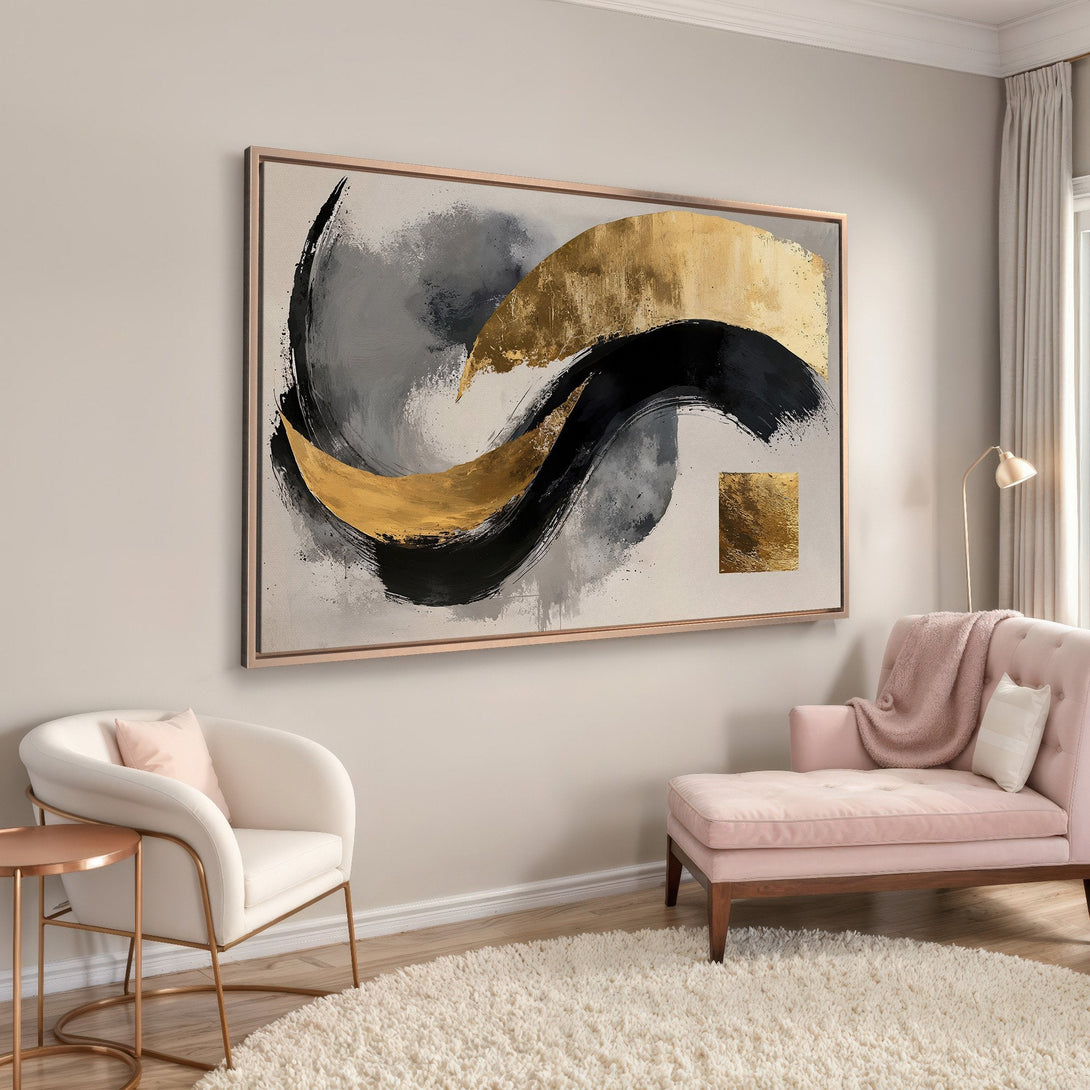 Abstract Canvas Print with gold, black, and gray brushstrokes. Modern art in a neutral interior. Elevate your space with stylish Framed Wall Art.
