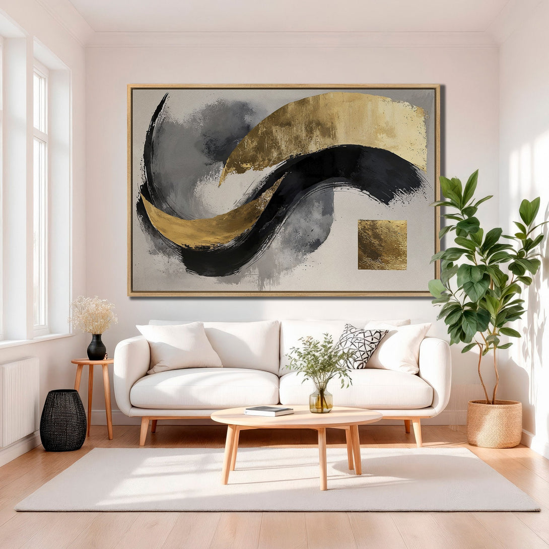 Framed Wall Art: Abstract gold, black, and gray brushstroke Canvas Print. Modern art for living room decor, adds a touch of elegance.