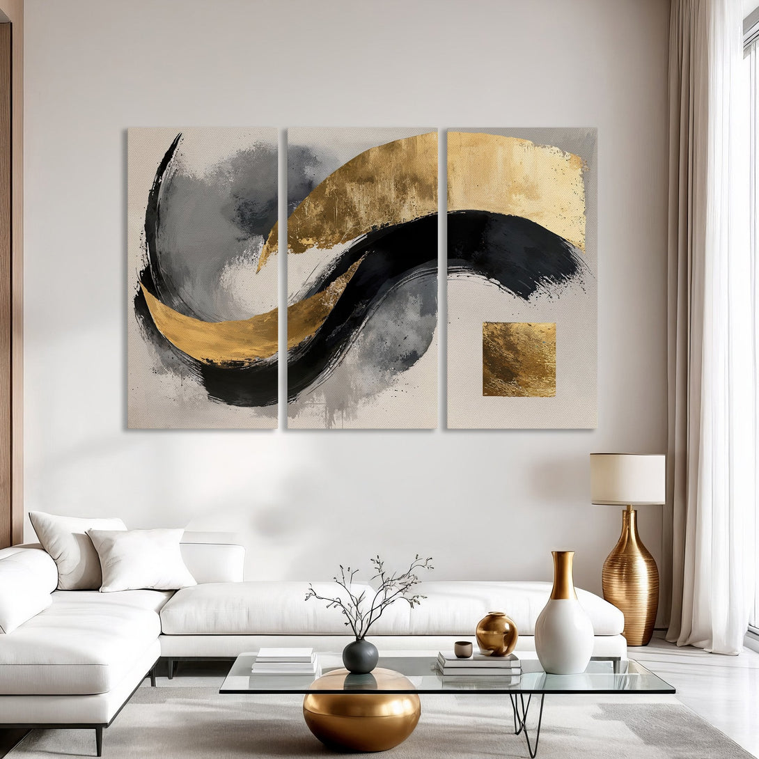 Abstract Canvas Print art in gold, black, and gray tones. Modern wall decor for a stylish living room.