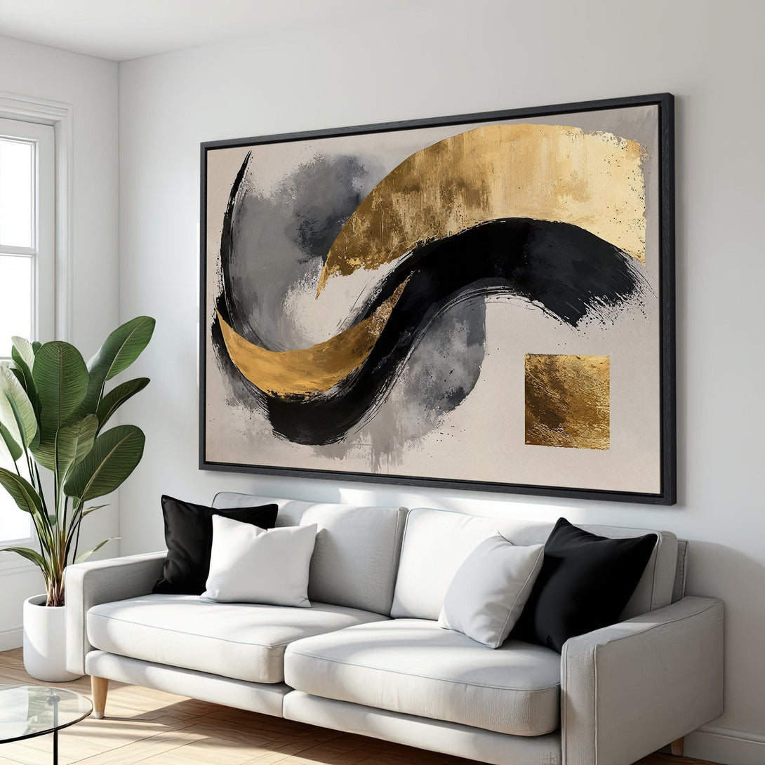 Framed Wall Art: Abstract gold, black, and gray brushstroke design. Modern canvas print adds sophisticated style to any interior.