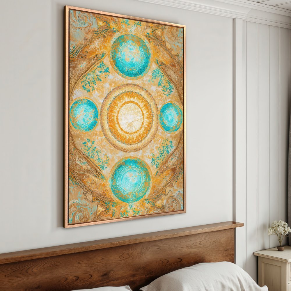 Framed Wall Art: Abstract mandala design in teal, orange, and gold. Modern canvas print adds a pop of color and style to any room.