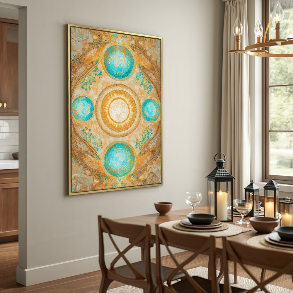 Abstract Canvas Print with teal and gold circles. Modern wall art for living room decor.