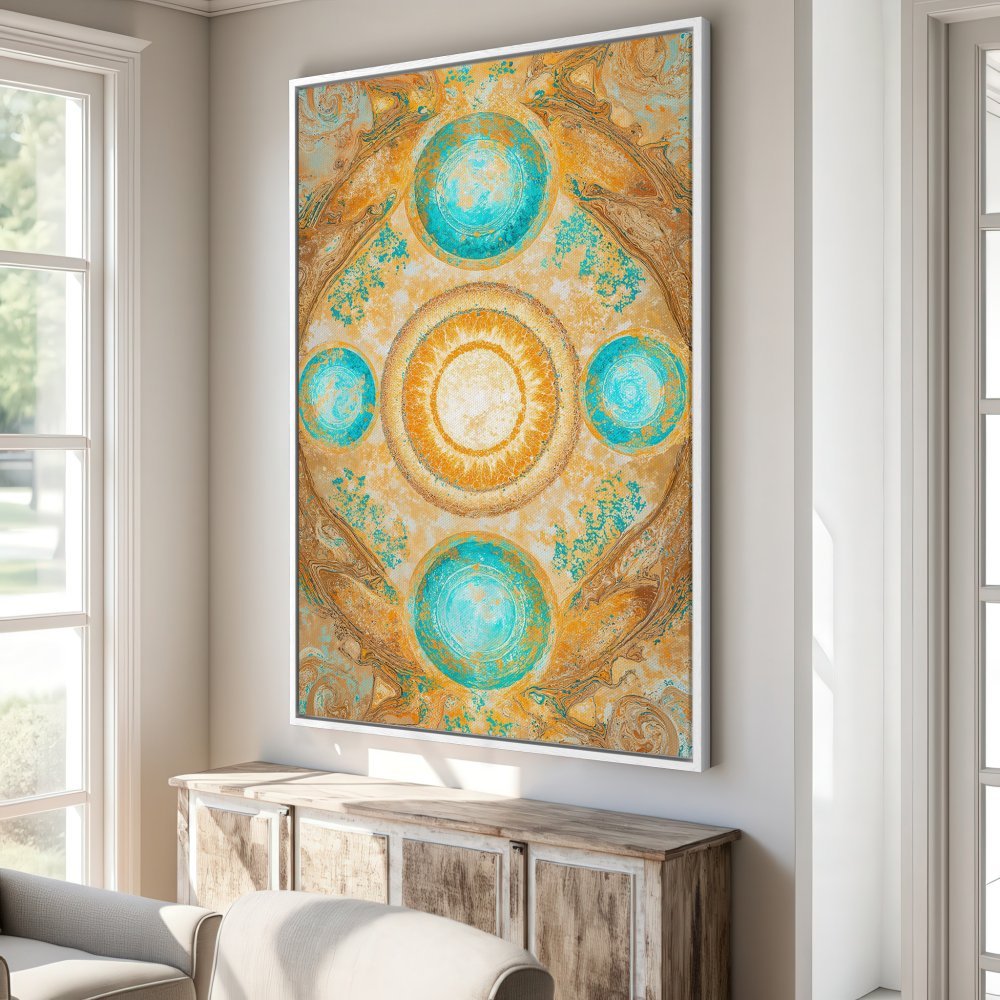 Framed Wall Art: Abstract mandala art in warm gold, teal, and brown tones. Modern canvas print adds a pop of color to any living room.