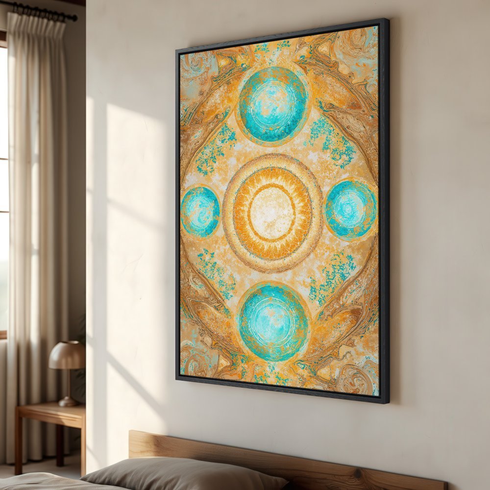 Framed Wall Art: Abstract mandala art print in teal and gold. Add a touch of zen to your space with this stunning canvas art!