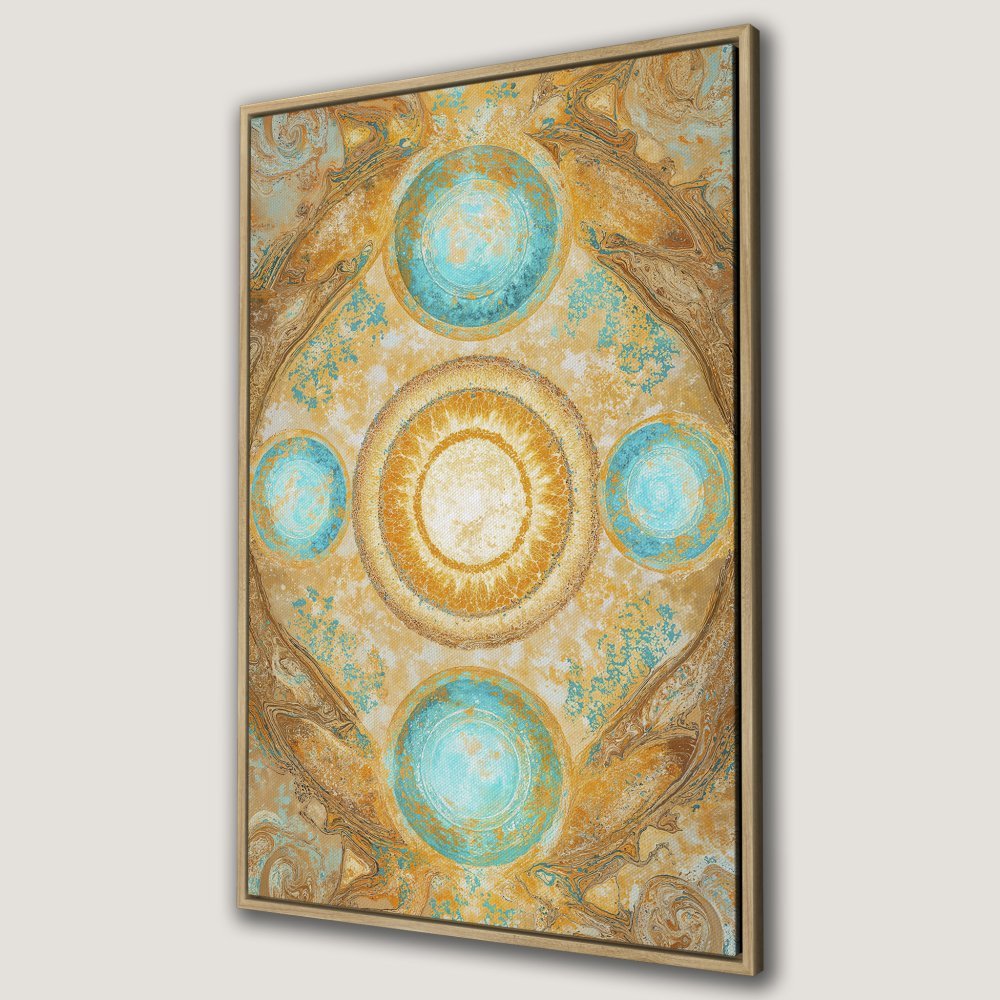 Framed Wall Art: Abstract mandala design in gold, teal, and brown. Enhance your space with this stunning Canvas Print!