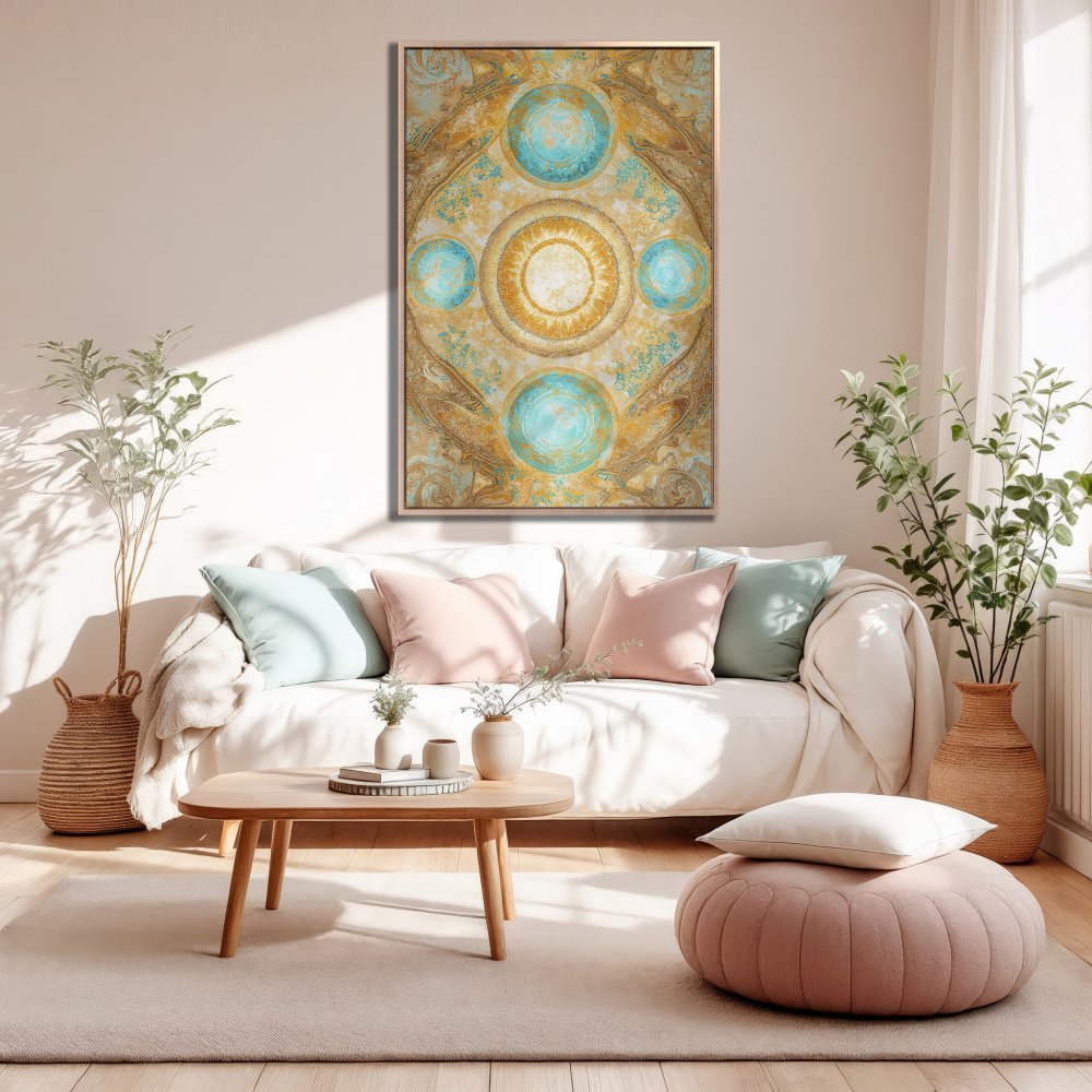 Framed Wall Art: Abstract mandala design in gold, teal, and beige. Adds a touch of elegance to any living room. Shop now!