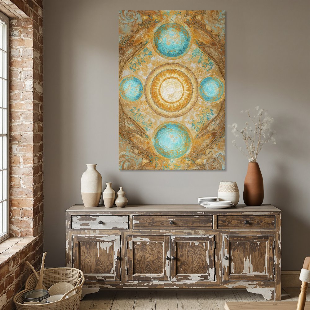 Framed Wall Art: Abstract mandala Canvas Print in teal and gold. Modern art for dining room decor.
