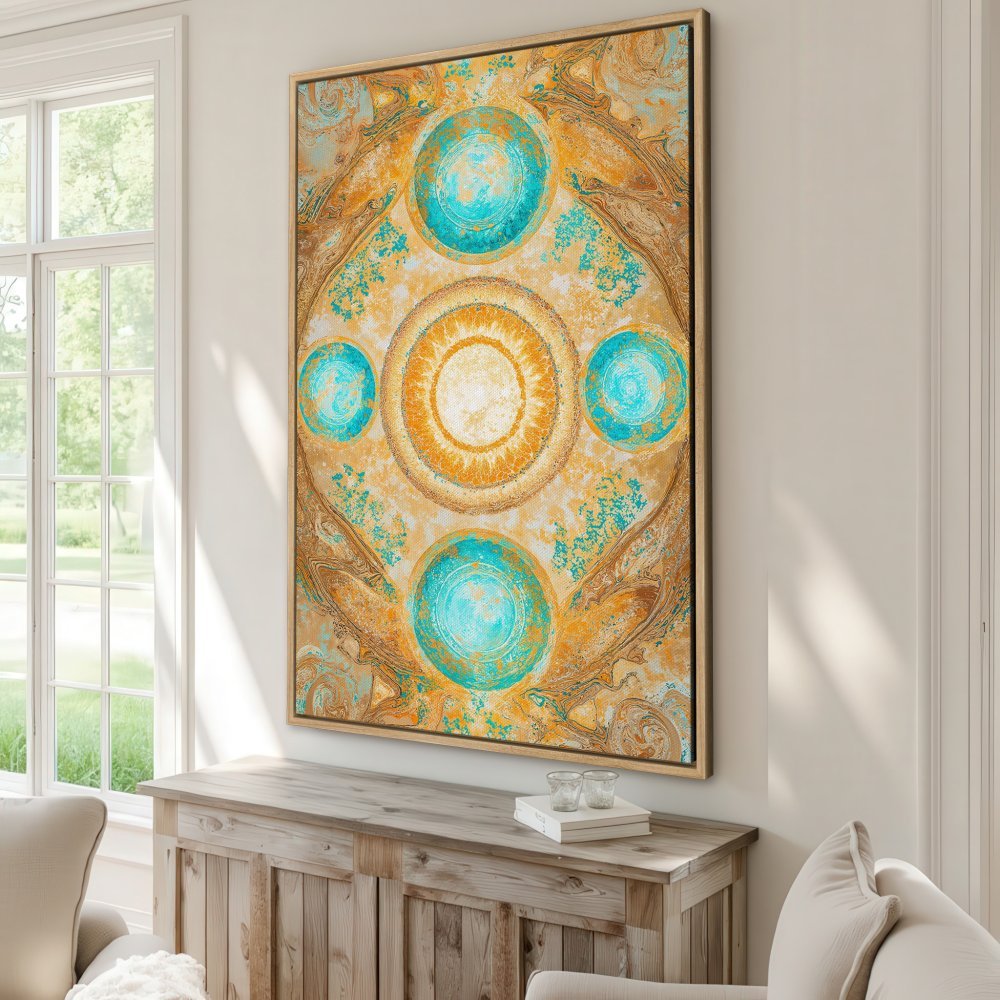 Abstract Canvas Print with turquoise and gold mandala art, perfect for adding a pop of color and style to your home decor.