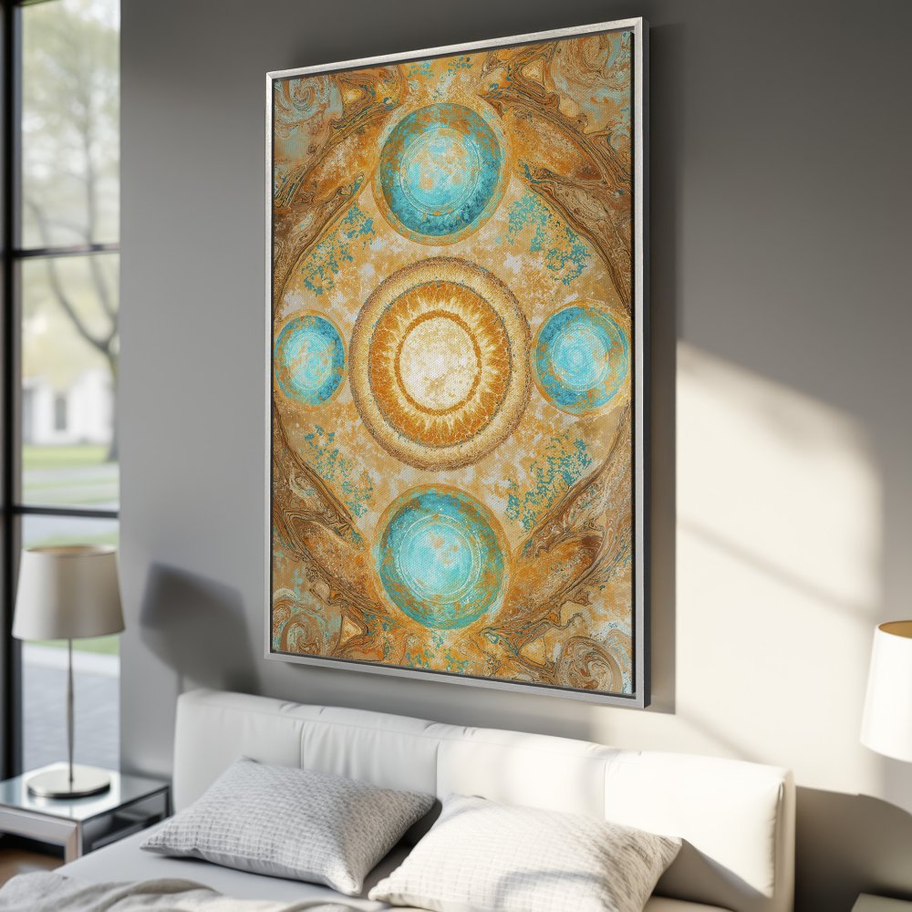 Framed Wall Art: Abstract geometric design in warm gold, brown, and turquoise hues. Enhance your space with this stylish Canvas Print.