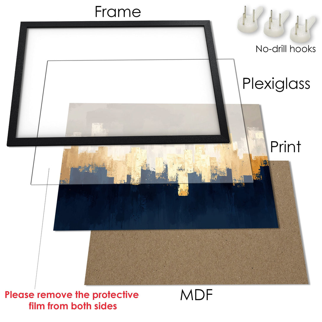Framed Poster with abstract art in navy, gold, and beige. Modern wall decor for a stylish home.