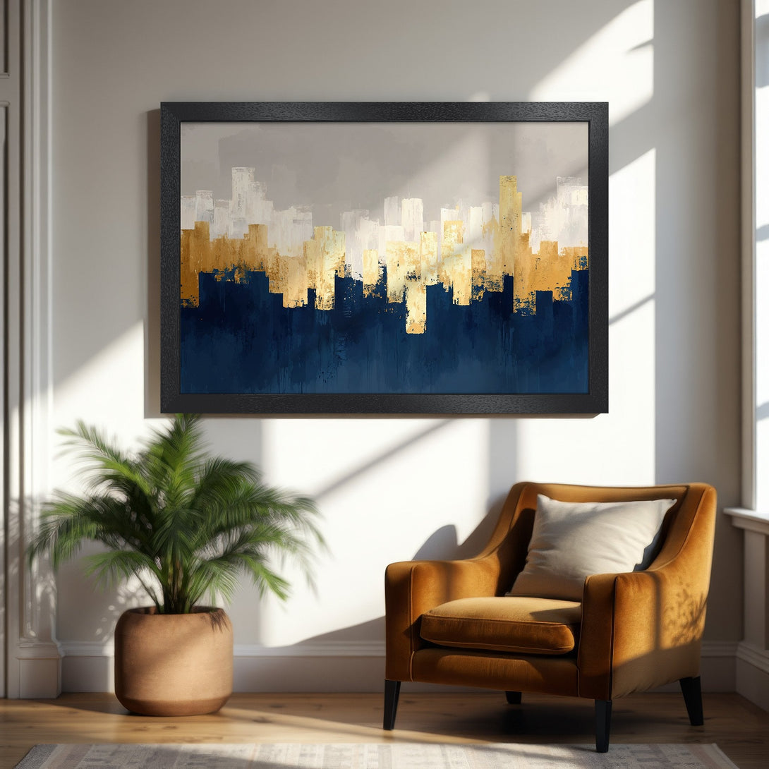 Framed Poster featuring an abstract cityscape in navy, gold, and white. Modern art print for stylish home decor.
