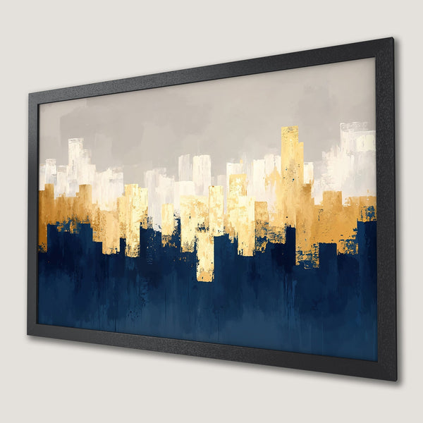 Framed Poster of abstract cityscape art in navy, gold, and neutral tones. Modern wall decor.