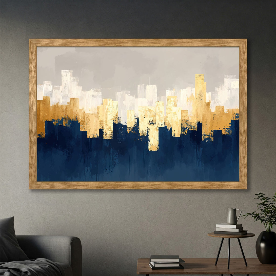 Framed Poster featuring an abstract cityscape in navy, gold, and white. Modern art style with a sophisticated color palette.