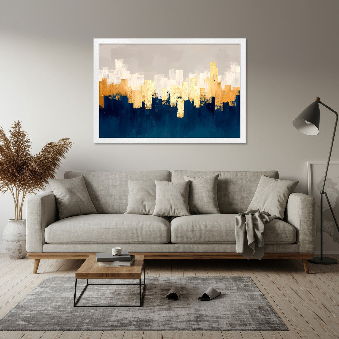 Framed Poster featuring an abstract skyline in blue, gold, and neutral tones. Elevate your space with this modern art poster!