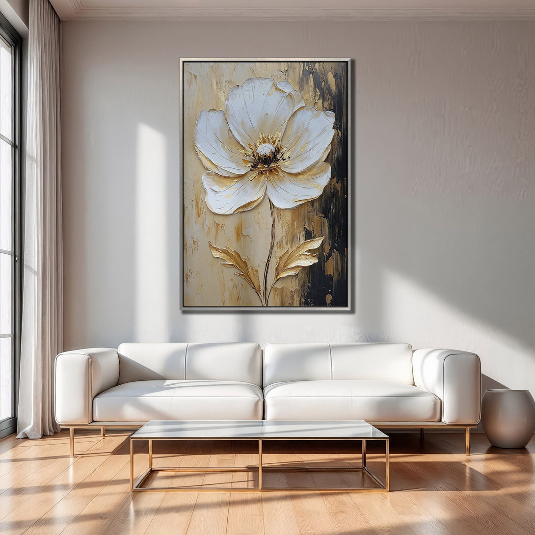 Framed Wall Art: Elegant white flower painting with gold accents. Modern decor in a neutral color palette. Perfect for living room or bedroom.
