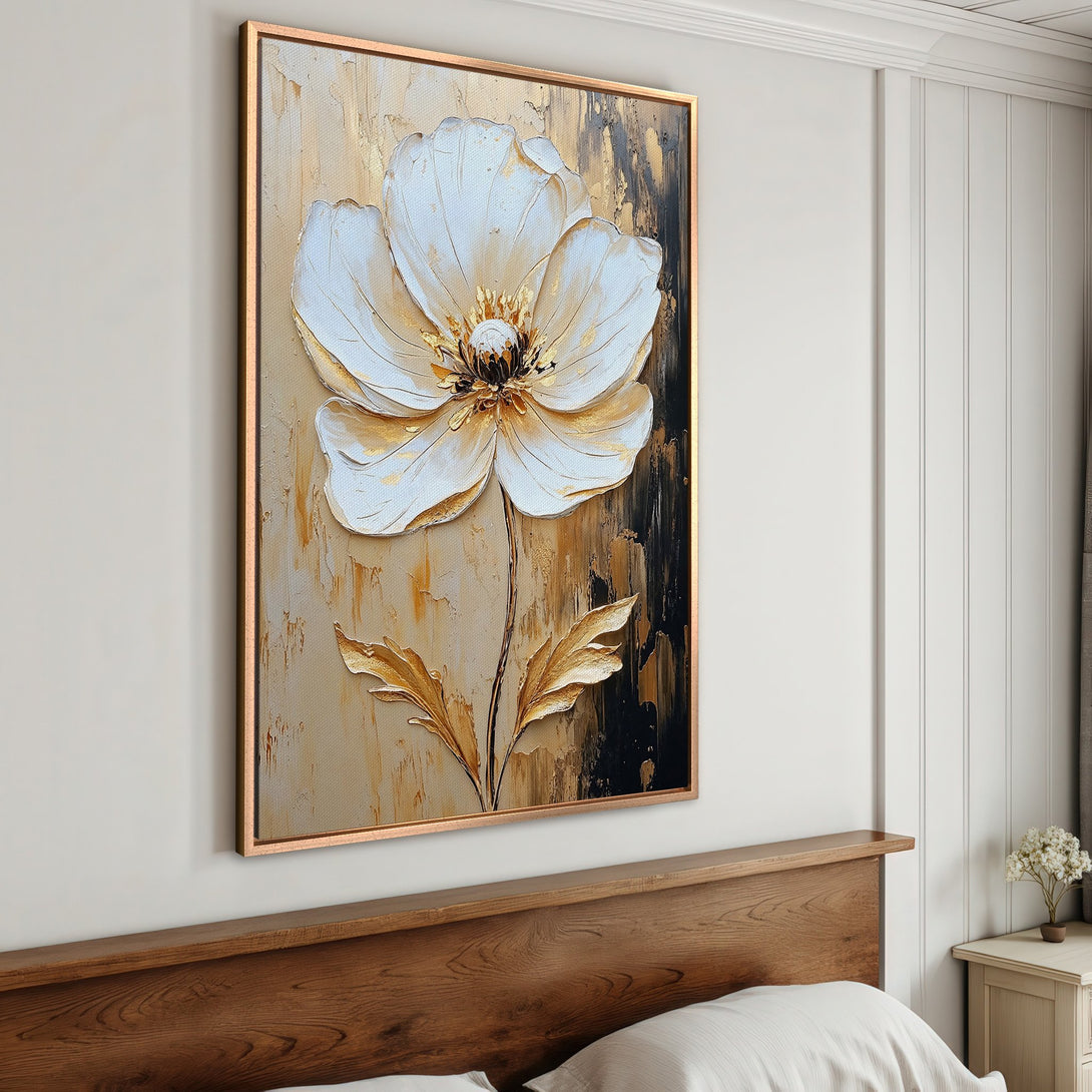 Framed Wall Art featuring a textured white flower with gold accents. Stunning abstract floral art in a neutral color palette, perfect for any interior.