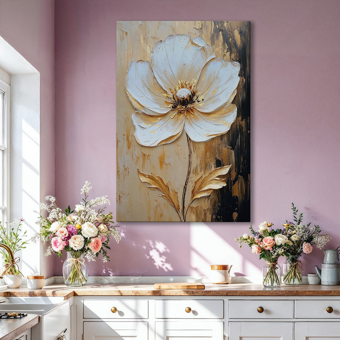 Framed Wall Art: Large floral painting in gold, white, and black, displayed in a modern living room. Adds a touch of elegance and sophistication.