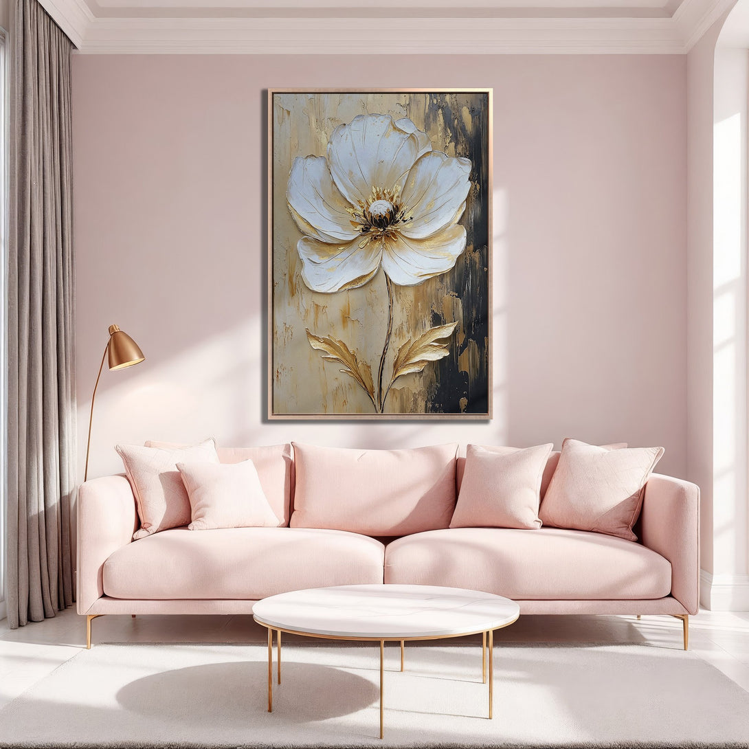 Framed Wall Art: Elegant floral canvas print in gold, white, and black, displayed in a stylish pink interior. Perfect for adding a touch of sophistication.