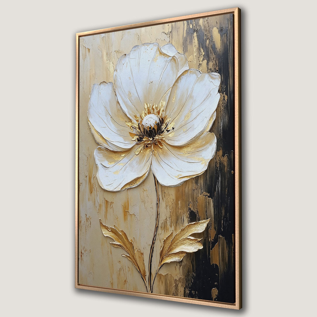 Framed Wall Art: Textured white flower painting with gold and black accents. Modern floral canvas print with neutral color palette, perfect for home decor.