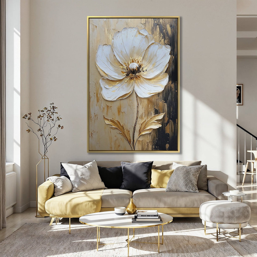 Canvas Print of a large white flower art in a kitchen. Modern, textured style with gold accents on a neutral background. Adds elegance.