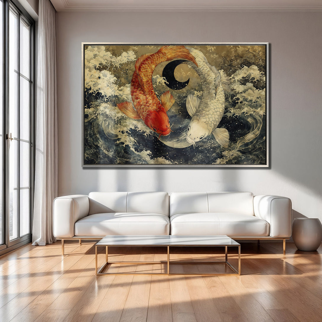 Framed Wall Art: Koi fish painting in a modern living room. Featuring a Japanese-inspired style with a gold, red, and blue color palette. Elevate your space!