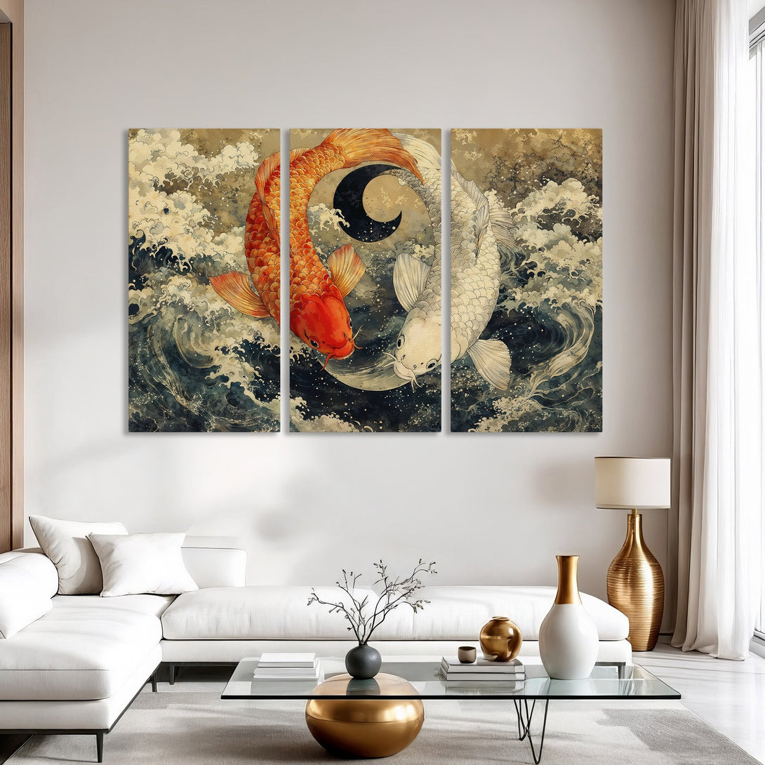 Canvas Print of Koi fish in a Yin Yang design, Japanese-inspired art. Warm orange, white, and blue color palette. Perfect for home decor.