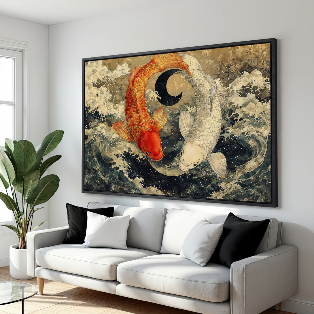 Framed Wall Art featuring koi fish in a yin yang design. Earthy tones with pops of red and white. Perfect for adding zen to your living space.