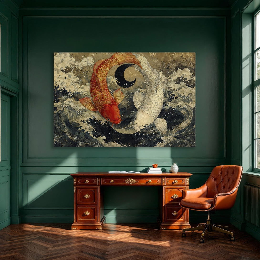 Framed Wall Art: Koi fish in Yin Yang design, Japanese style. Earthy and teal color palette. Perfect for modern home decor.