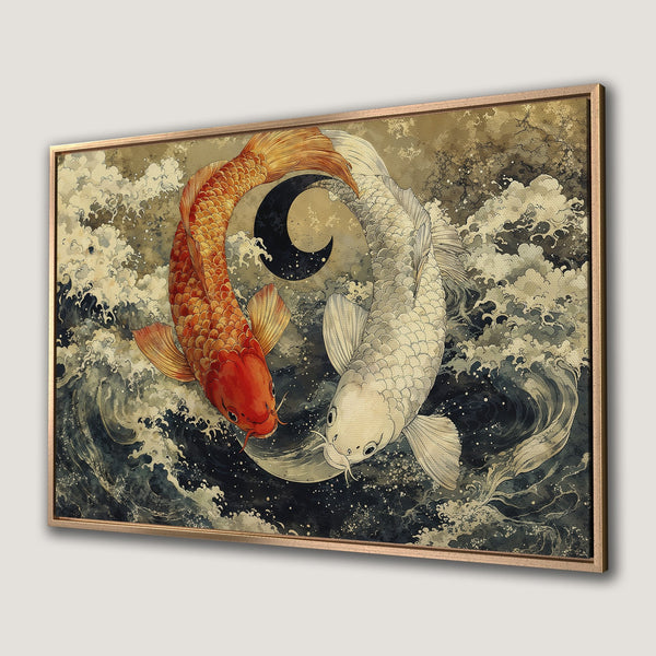 Framed Wall Art featuring koi fish in a Japanese-inspired style. Earthy tones and bold colors create a stunning canvas print for your home decor.