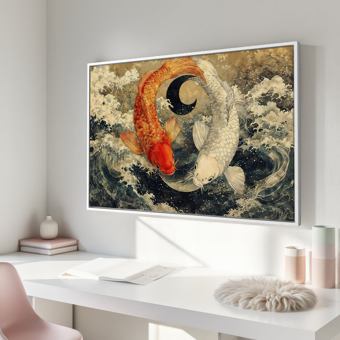 Framed Wall Art featuring koi fish in a yin yang design. Japanese-inspired art with a warm, earthy color palette. Perfect for adding zen to your space.